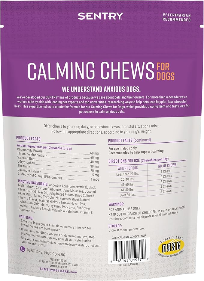 Sentry Calming Chews for Dogs, Calming Aid Helps to Manage Stress & Anxiety, with Pheromones That May Help Curb Destructive Behavior & Separation Anxiety, Calming Health Supplement for Dogs, 60 Count Sentry