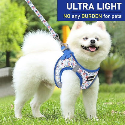 GAMUDA Small Dog Harness Collar and Leash Set, Step in No Chock No Pull Soft Mesh Adjustable Dog Vest Harnesses Plaid Reflective for Dogs Puppy Cats Kitten Rabbit (Blue Flower, L) GAMUDACollarsCollection