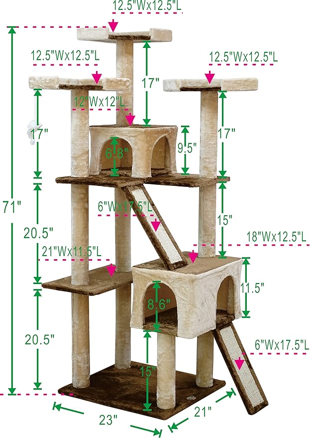 Go Pet Club Everyday Value 71in Cat Tree Kitty Tower Kitten with Dual Condos and Double Scratching Boards Indoor Cat Activity Center Furniture, Beige/Brown - PAWPICO