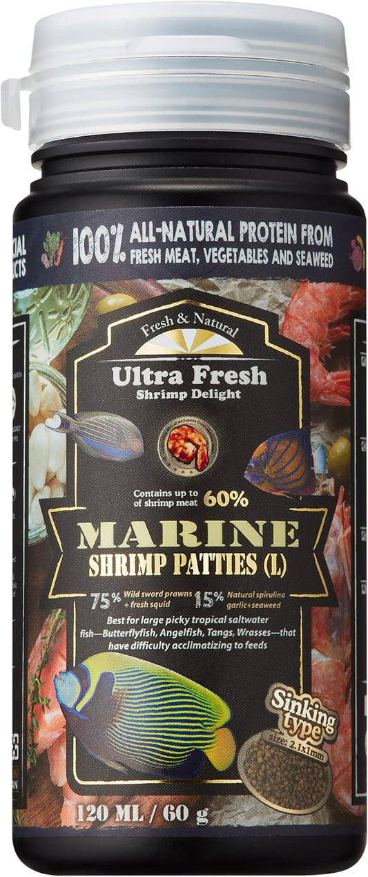 Ultra Fresh Marine Fish Food, 75% Sword Prawns + Squids, Natural Protein, Color Enhancement, for Large Saltwater Fish, Marine Shrimp Patties L 2.12oz UltraFresh-ShrimpDelight