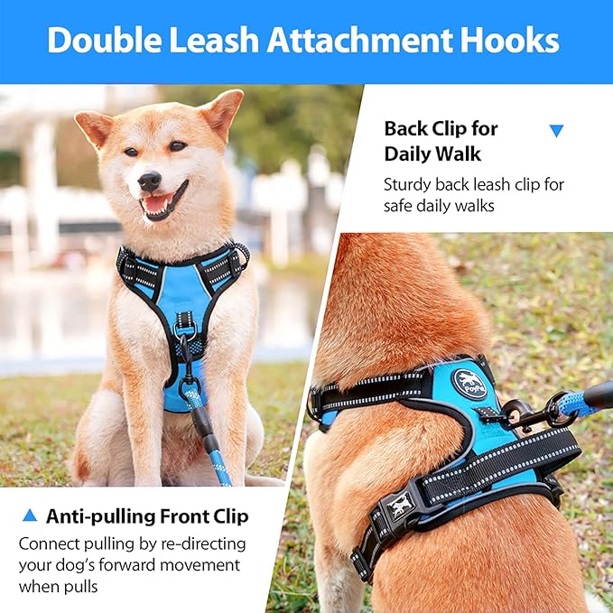 PoyPet No Pull Dog Harness, No Choke Front Clip Dog Reflective Harness, Adjustable Soft Padded Pet Vest with Easy Control Handle for Small to Large Dogs(Blue,M) PoyPet