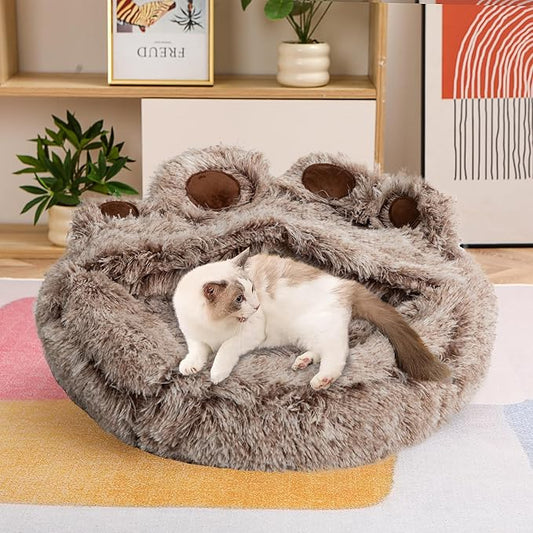 Cat Bed with Cover Cave - Dog Cave Bed with Standing Paws,Covered Round Kitten Bed with Hooded Blank - PAWPICO