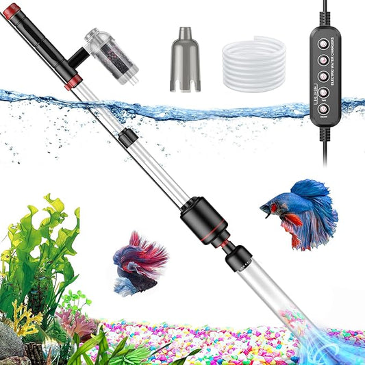 24W Aquarium Vacuum Gravel Cleaner: Electric Fish Tank Cleaner Vacuum with Strong Suction for Automatic Water Change, Algae Cleaner Sand Wash Water Shower and Water Circulation, Timed Off Suness