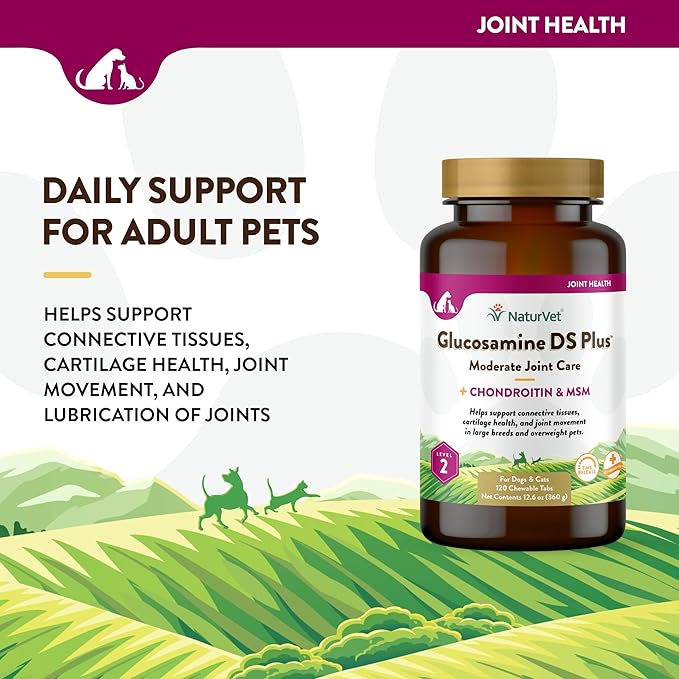 NaturVet Glucosamine DS Plus Level 2 Moderate Care Joint Support Supplement for Dogs and Cats, Chewable Tablets Time Release, Made in The USA, 120 Count NaturVet