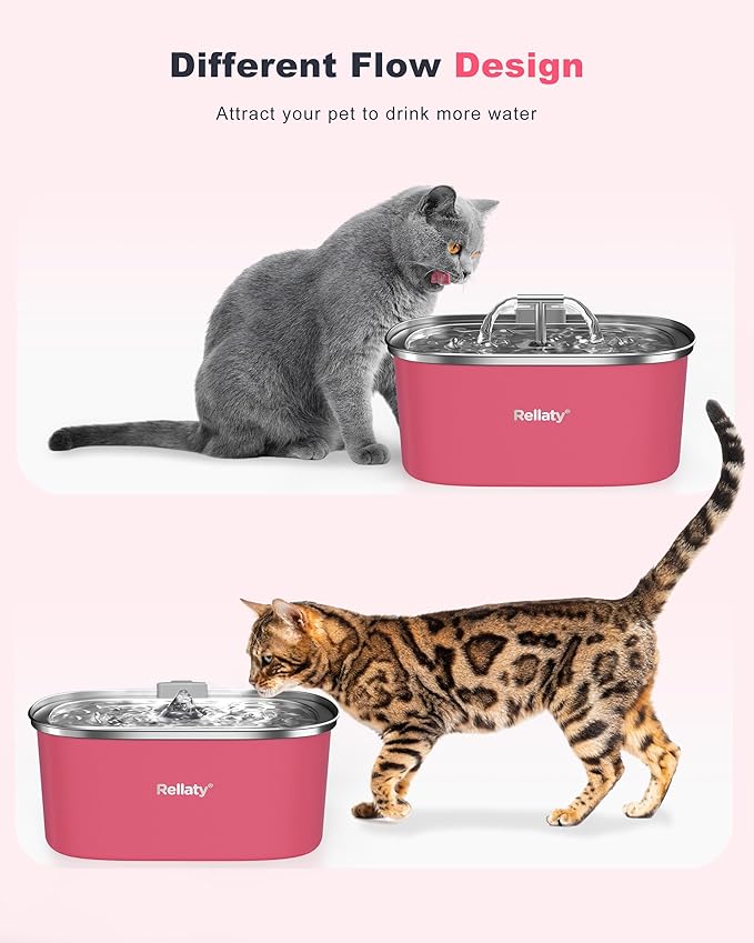 Cat Water Fountain Stainless Steel: 3.2L/108oz Pet Fountain Water Bowl Automatic Drinking Dispenser Cat Feeding & Watering Supplies, Ultra-Quiet Pump & Replacement Filter for Cats Inside(Living Pink) - PAWPICO