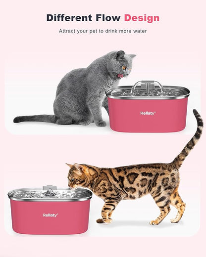 Cat Water Fountain Stainless Steel: 3.2L/108oz Pet Fountain Water Bowl Automatic Drinking Dispenser Cat Feeding & Watering Supplies, Ultra-Quiet Pump & Replacement Filter for Cats Inside(Living Pink) - PAWPICO