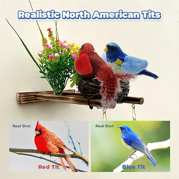 LEWISER Cat Toys Chirping Tit 2 Pcs with Catnip SilverVine, Suitable for Cat Wand Toys, Simulation Bird Design, Interactive Toys for Indoor Kitty Kitten Exercise, Red and Blue - PAWPICO