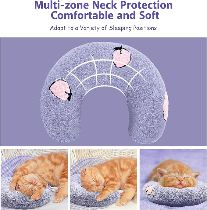 ucho Pillow for Cats, Ultra Soft Fluffy Pet Calming Toy Half Donut Cuddler, U-Shaped Pillow for Pet Cervical Protection Sleeping Improve- Purple ucho