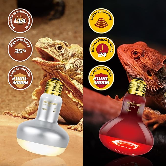 REPTI ZOO 2 Pack 100W Reptile Heat Lamp Bulbs,Upgraded Reptile Day and Night Basking Spot Bulb Combo Amphibian Infrared Heat Lamp Bulb/UVA Basking Spot Daylight Heating Light Bulb REPTIZOO