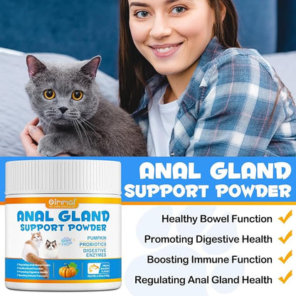 Anal Gland Support Powder for Cats, Anal Gland Supplement Powder with Pumpkin and Probiotics Supports Cats Anal Gland Health, Pet Supplement Anal Gland Support Powder Treatment for Cats - 120g PAWPICO