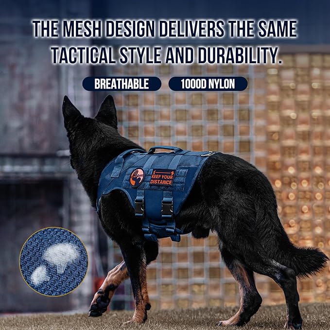 OneTigris No Pull Tactical Dog Harness for Small Medium Dog, Mesh Design Service Dog Vest Breathable Military Dog Molle Vests with Handles, Harness for Walking Hiking Training (Blue, M) OneTigris