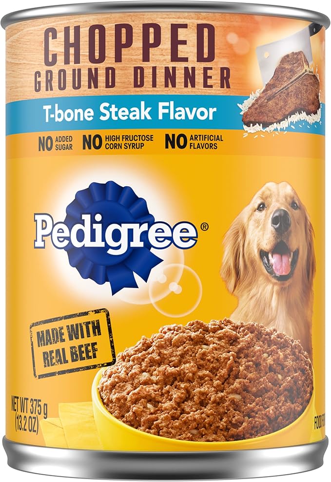 PEDIGREE CHOPPED GROUND DINNER Adult Canned Soft Wet Dog Food, T-Bone Steak Flavor, 13.2 oz. Cans (Pack of 12) - PAWPICO