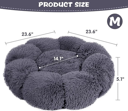 Cat Bed Cute, 23.6" Washable Grey Donut Bed for Indoor Cats and Small Dogs, Soft Cute Flower Fluffy Round Donut Cat Beds, Anti Anxiety Pet Bed, Self-Warming Bed, Dark Grey - PAWPICO