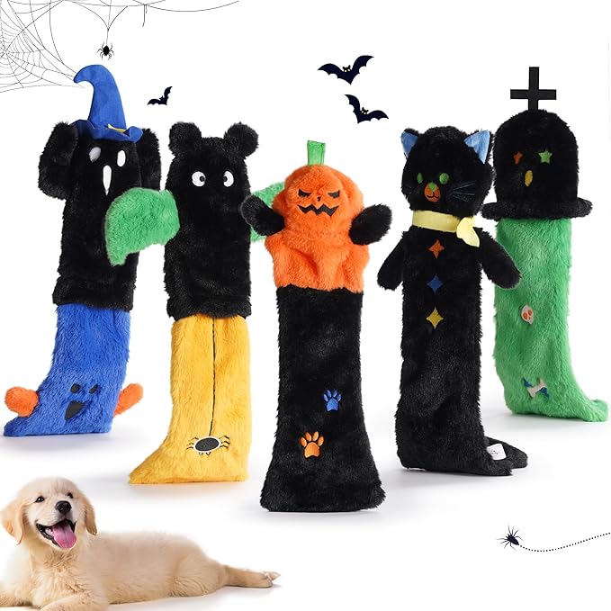 Nocciola 5 PCS Halloween Dog Squeaky Toys, No Stuffing Plush Dog Toys with Crinkle Paper, Perfect Present for Puppy, Small, Medium and Large Dogs - PAWPICO