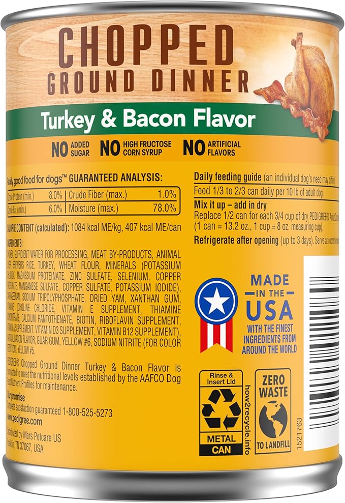 PEDIGREE CHOPPED GROUND DINNER Adult Canned Soft Wet Dog Food, Turkey & Bacon Flavor, 13.2 oz. Cans 12 Pack - PAWPICO