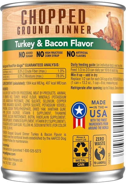 PEDIGREE CHOPPED GROUND DINNER Adult Canned Soft Wet Dog Food, Turkey & Bacon Flavor, 13.2 oz. Cans 12 Pack - PAWPICO