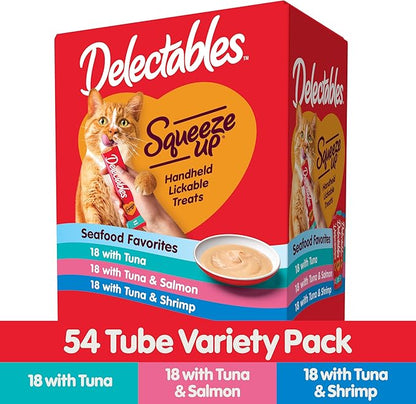 Delectables Squeeze Up Seafood Variety Pack, Creamy Squeezable Puree, Lickable Wet Cat Treats, Grain Free, No Added Fillers, No by-Products, No Added Preservatives, 0.5 Ounces Tube, 54 Tubes Total Hartz