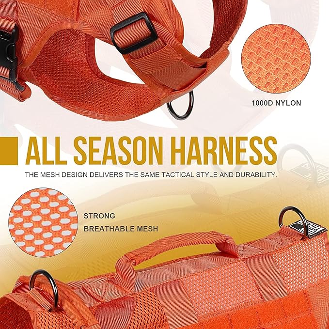 OneTigris No Pull Tactical Dog Harness for Large Dog, Mesh Design Breathable Service Dog Vest with Handle, Military Dog Vest Harness with Molle Panels for Walking Hiking Training (Orange, Large) OneTigris