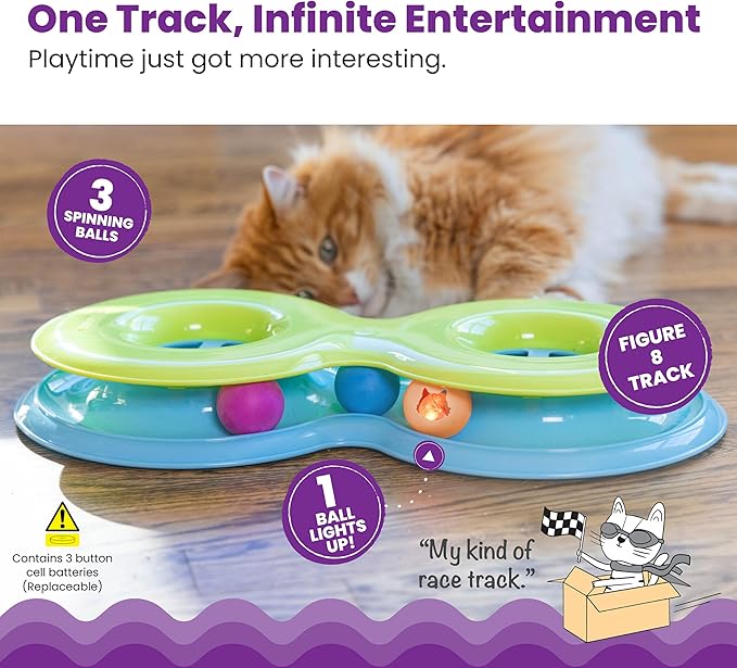 Catstages Infinity Ball Track for Cats with Two Balls, Including One Light-Up Ball, Figure-8 Shaped Cat Ball Track Compatible Topper Toys, Green - PAWPICO