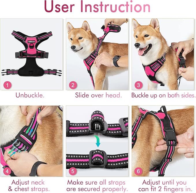 rabbitgoo Dog Harness, No-Pull Pet Harness with 2 Leash Clips, Adjustable Soft Padded Dog Vest, Reflective No-Choke Pet Oxford Vest with Easy Control Handle for Medium Dogs, Hot Pink, M - PAWPICO