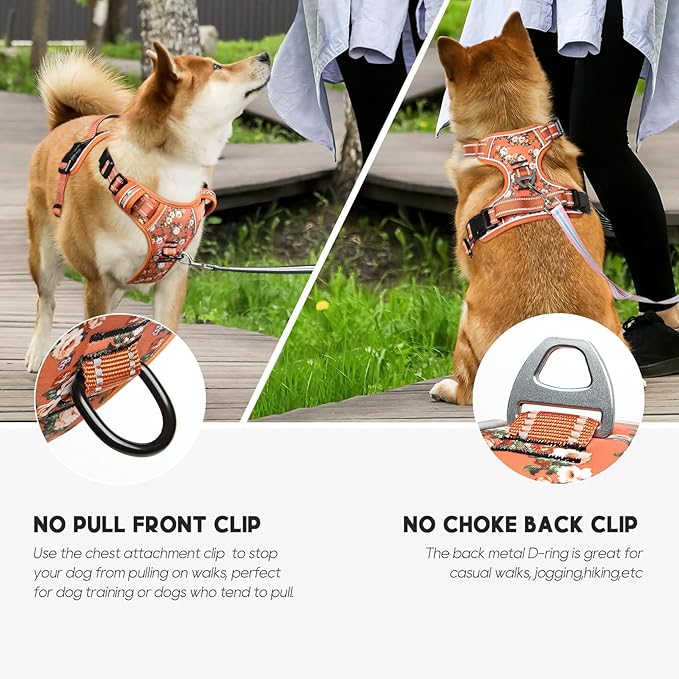 Timos Dog Harness for Large Dog, No Pull Service Vest with Reflective Strips and Control Handle,No Choke Dog Harness with 2 Metal Rings for Easy Walking,Outdoor Training,Flower Orange, L Timos