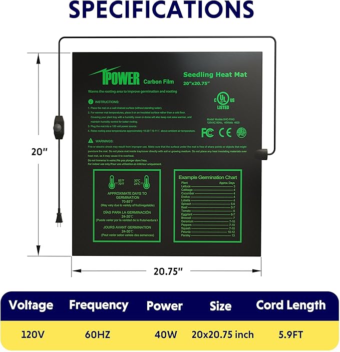 iPower 20"x20.75" Seeding Heat Mat, Adjustable Temperature Waterproof Durable Germination Station, Hydroponic Heating Pad for Indoor Gardening iPower