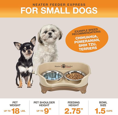 Neater Feeder - Express Model - Mess-Proof Dog Bowls (Small, Cappuccino) – Made in USA – Elevated, No Spill, Non-Tip, Non-Slip, Raised Stainless Steel Food & Water Pet Bowls - PAWPICO