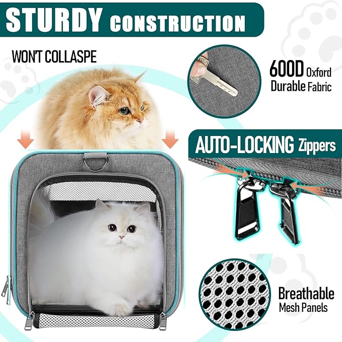 Pet Carrier for Large Cats 20 lbs+ / Soft Sided Small Dog Travel Carrier Top Load/Collapsible Carrier Bag for Big Cat / 2 Kittens Sturdy Transport Carrier Long Trips/Medium Cats 15 pounds - PAWPICO