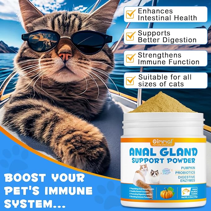 Anal Gland Support Powder for Cats, Anal Gland Supplement Powder with Pumpkin and Probiotics Supports Cats Anal Gland Health, Pet Supplement Anal Gland Support Powder Treatment for Cats - 120g PAWPICO