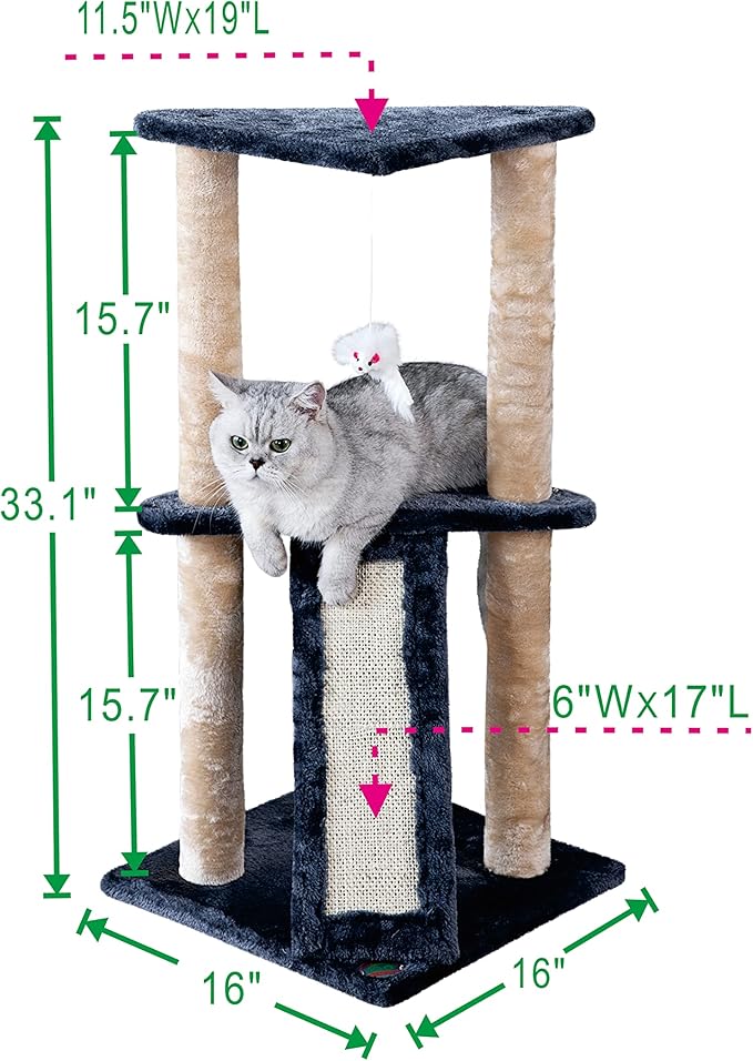 Go Pet Club Everyday Value 35in Corner Cat Tree Kitty Scratcher Tower Kitten Condo House Furniture with Scratching Board & Hanging Toys for Indoor Cats, Gray/Beige - PAWPICO