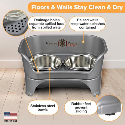Neater Feeder - Express Model - Mess-Proof Dog Bowls (Medium/Large, Gunmetal Grey) – Made in USA – Elevated, No Spill, Non-Tip, Non-Slip, Raised Stainless Steel Food & Water Pet Bowls - PAWPICO