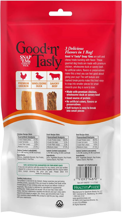 Good 'n' Tasty Triple Flavor Snap ‘EMS Gourmet Treats Variety Pack for All Dogs, 15 Count, Reward or Training Treat Made with Real Chicken, Duck and Beef - PAWPICO