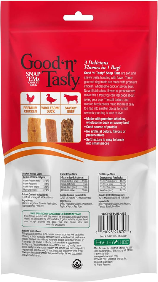 Good 'n' Tasty Triple Flavor Snap ‘EMS Gourmet Treats Variety Pack for All Dogs, 15 Count, Reward or Training Treat Made with Real Chicken, Duck and Beef - PAWPICO
