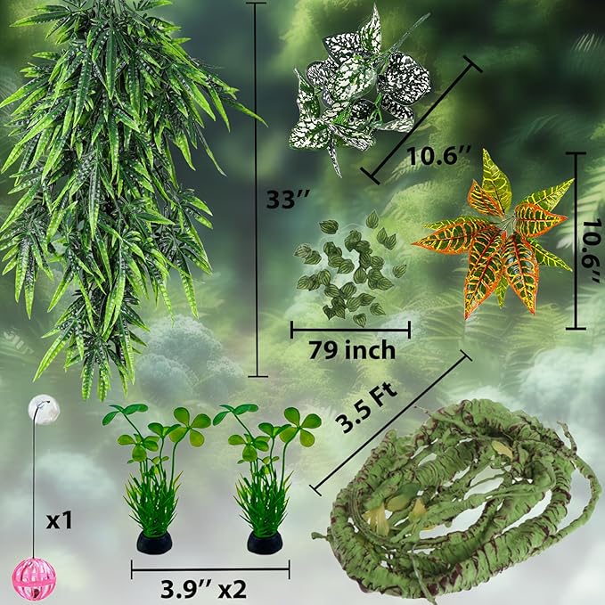 Repitle Vines for Climbing, Terrarium Hanging Plants Artificial Leaves Reptile Hide Flexible Jungle Vine Tank Accessories for Gecko Bearded Dragon Lizard Snake Chameleon Decor Mechpia