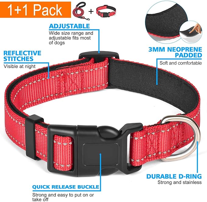 Reflective Dog Collar Padded with Soft Neoprene Breathable Adjustable Nylon Dog Collars for Small Medium Large Dogs (Small (Pack of 1), Red Collar+Leash) ladoogo