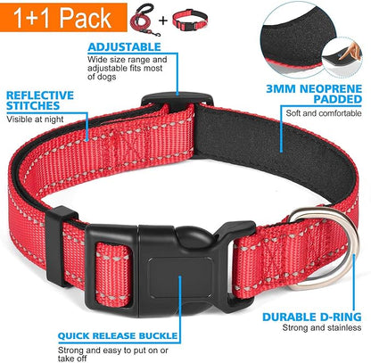 Reflective Dog Collar Padded with Soft Neoprene Breathable Adjustable Nylon Dog Collars for Small Medium Large Dogs (X-Small (Pack of 1), Red Collar+Leash) ladoogo