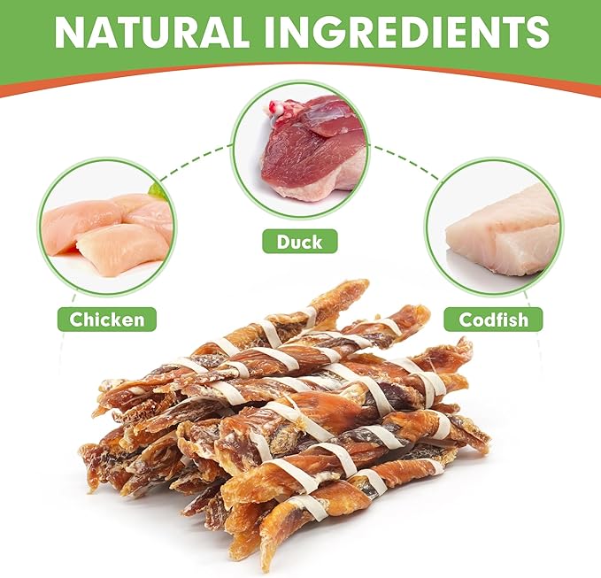 MON2SUN Dog Treats, Triple Flavor Jerky Twist Sticks, 5-7 Inch Chicken Duck and Codfish Sticks Dog Chews for Small Dogs, Healthy Dog Snacks, 10.58 oz (15 Count-Pack of 1) - PAWPICO