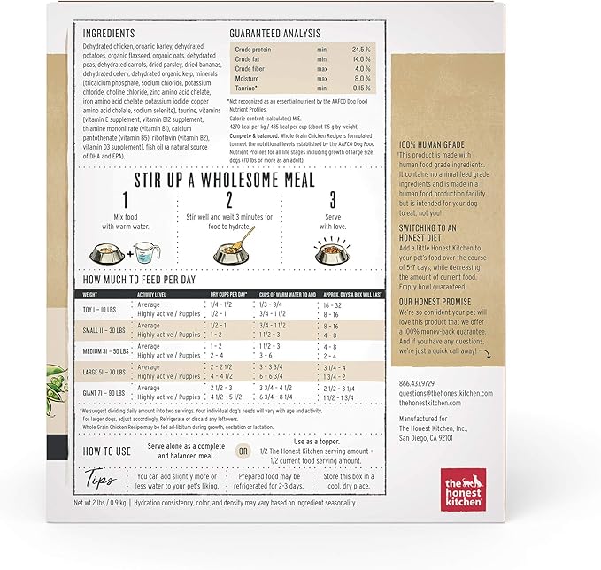 The Honest Kitchen Dehydrated Whole Grain Chicken Dog Food, 2 lb Box - PAWPICO