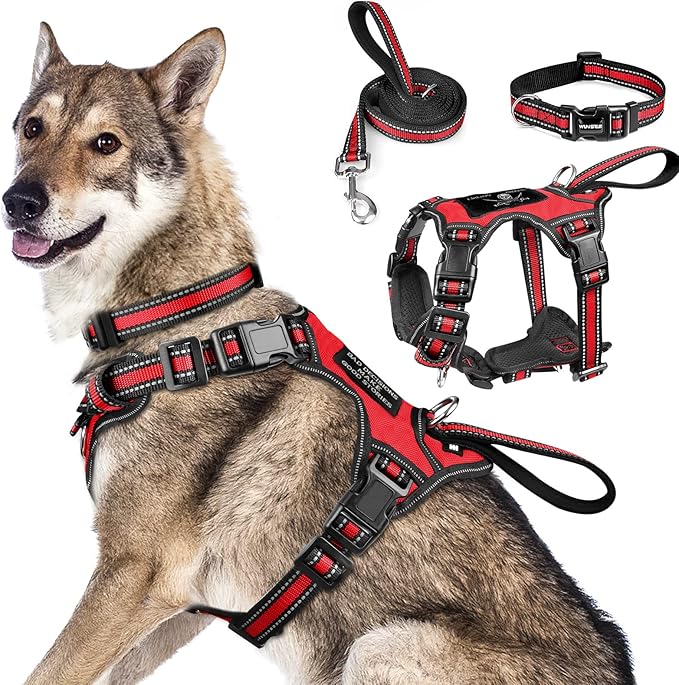 WINSEE Pet Harness Collar and Leash Set, All-in-one Reflective Dog Harness No Pull with Adjustable Buckles for Puppies, Small, Medium, Large, and Extra-Large Dogs (X-Large, Red) WINSEE