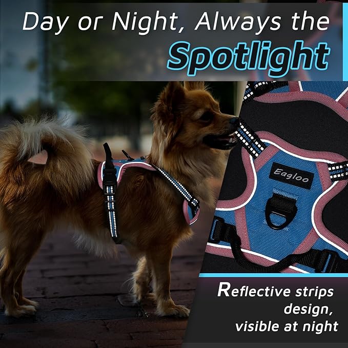 Eagloo Dog Harness for Large Dogs, No Pull Service Vest with Reflective Strips and Control Handle, Adjustable and Comfortable for Easy Walking, No Choke Harness with 2 Metal Rings, Pink & Blue, XS GoExplorewithEagloo