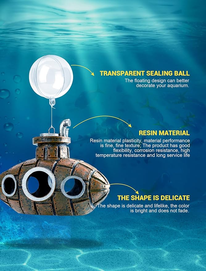 Floating Fish Tank Decoration, Little Cute Retro Submarine Aquarium Decoration with Two Float Balls, Resinous Fish Tank Accessorie, Safe Fish Toy for Betta Cichlid Goldfish Shrimps Hermit Crabs SARDVISA