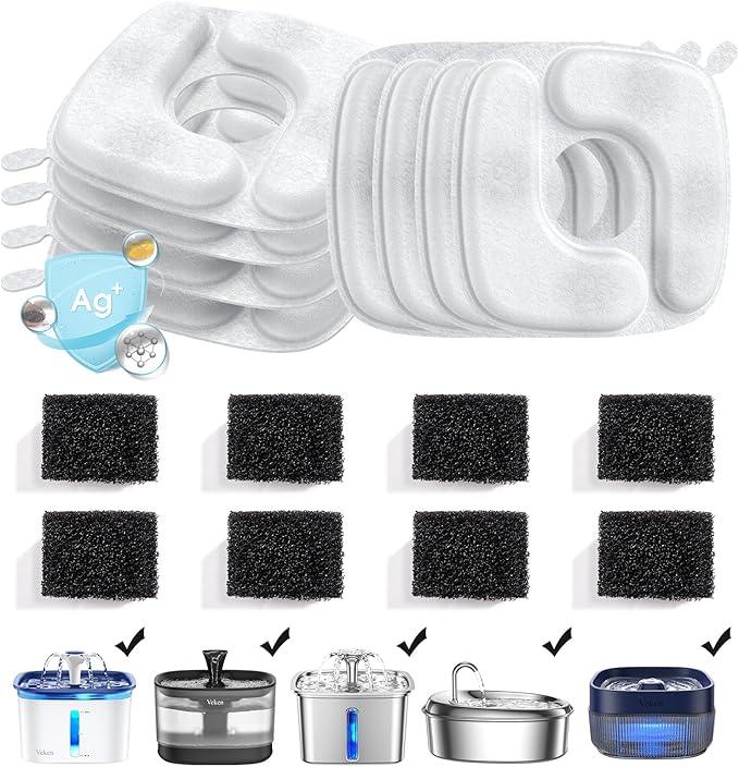 Veken Cat Water Fountain Filters, 8 Pack Replacement Filters & 8 Pack Replacement Pre-Filter Sponges Set for 67oz, 95oz, 135oz Automatic Pet Fountain Dog Water Dispenser - PAWPICO