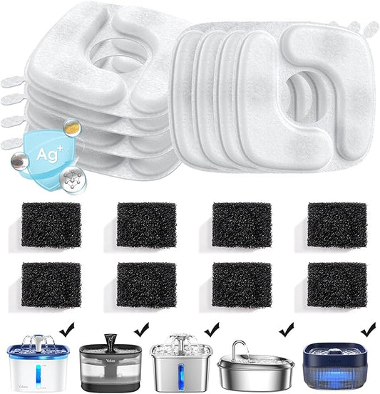 Veken Cat Water Fountain Filters, 8 Pack Replacement Filters & 8 Pack Replacement Pre-Filter Sponges Set for 67oz, 95oz, 135oz Automatic Pet Fountain Dog Water Dispenser - PAWPICO