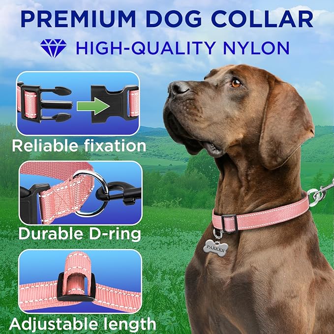 TECEUM Reflective Pet Collar – Pink – S – Basic Nylon Dog Collar – Quick Release Buckle – Fits Small, Medium and Large Dogs, Puppies, Cats – ESA & Service Dog Options TECEUM