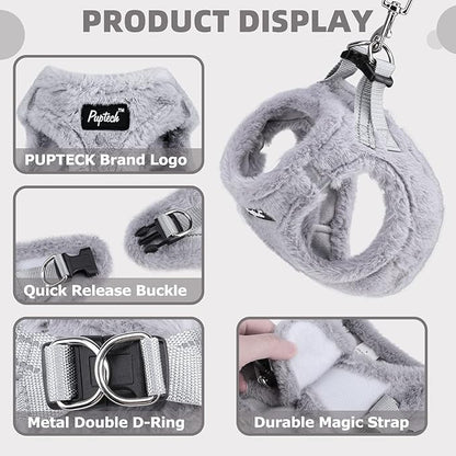 PUPTECK Adjustable Dog Harness Collar and Leash Set Step in No Pull Pet Harness for Small Medium Dogs Puppy and Cats Outdoor Walking Running, Soft Mesh Padded Reflective Vest Harnesses, Plush Grey S PUPTECK