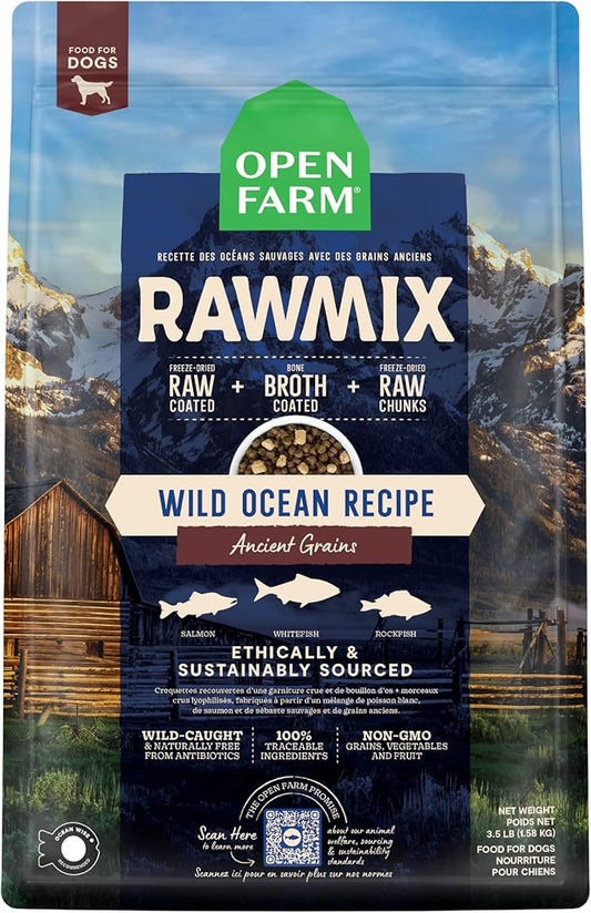 Open Farm RawMix Ancient Grains Wild-Ocean Recipe for Dogs, Includes Kibble, Bone Broth, and Freeze Dried Raw, Inspired by The Wild, Humanely Raised Protein and Non-GMO Fruits and Veggies, 3.5 lb - PAWPICO