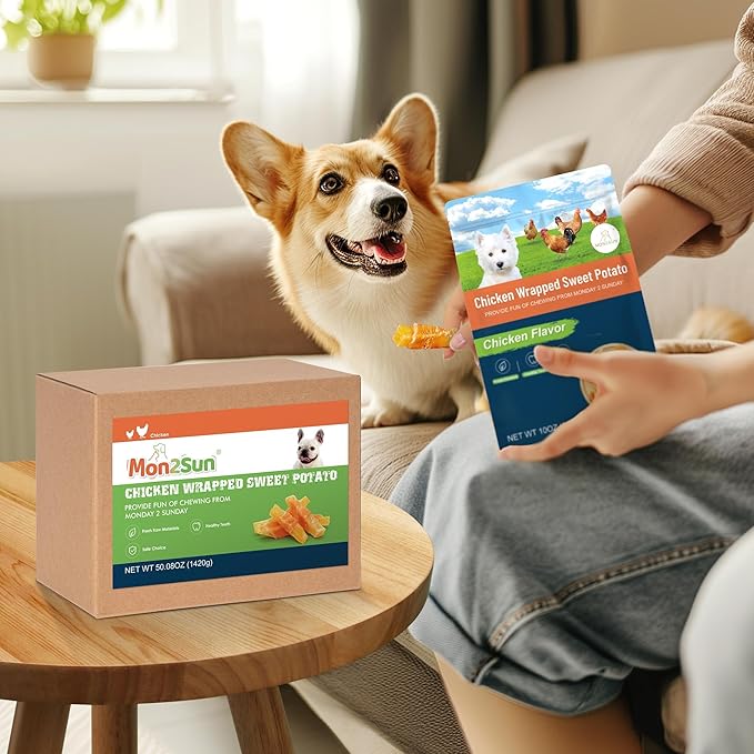 MON2SUN Dog Treats Rawhide Free Chicken Wrapped Sweet Potato Dog Snacks, Gluten & Grain Free, Suitable for Puppy and Small Dogs (Chicken, 10 Ounce - Pack of 5) - PAWPICO