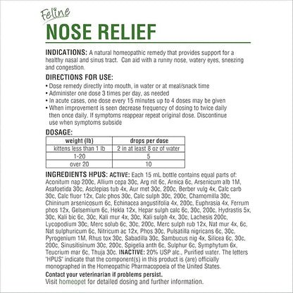 HomeoPet Feline Nose Relief, Natural Nasal and Sinus Medicine for Cats, Pet Medicine, 15 Milliliters HomeoPet