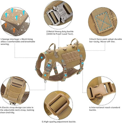 Forestpaw Tactical Dog Harness for Large Dogs,Tactical Dog Collar with Bungee Leash Set,No Pull Military Dog Harness for Dog Walking Training,Adjustable for Medium Large Dogs,Khaki S Forestpaw