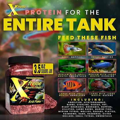 Xtreme Krill Flakes - Premium Max Protein Freshwater Fish Food with 100% Krill and Shrimp, & Vitamins for Optimal Immune and Digestive Health, Boosts Color & Energy – USA Farm Grown (3.5oz) XtremeAquaticFoods